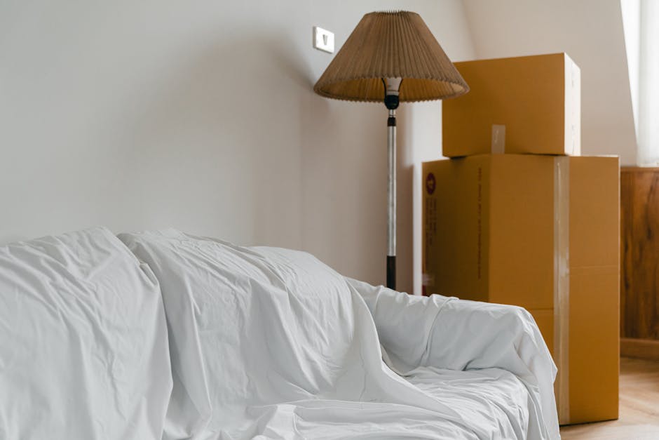 Interior view of a room showing a white sofa covered with a protective sheet, located near a wall with a beige colour. To the right, there are several cardboard moving boxes, some stacked on top of ea